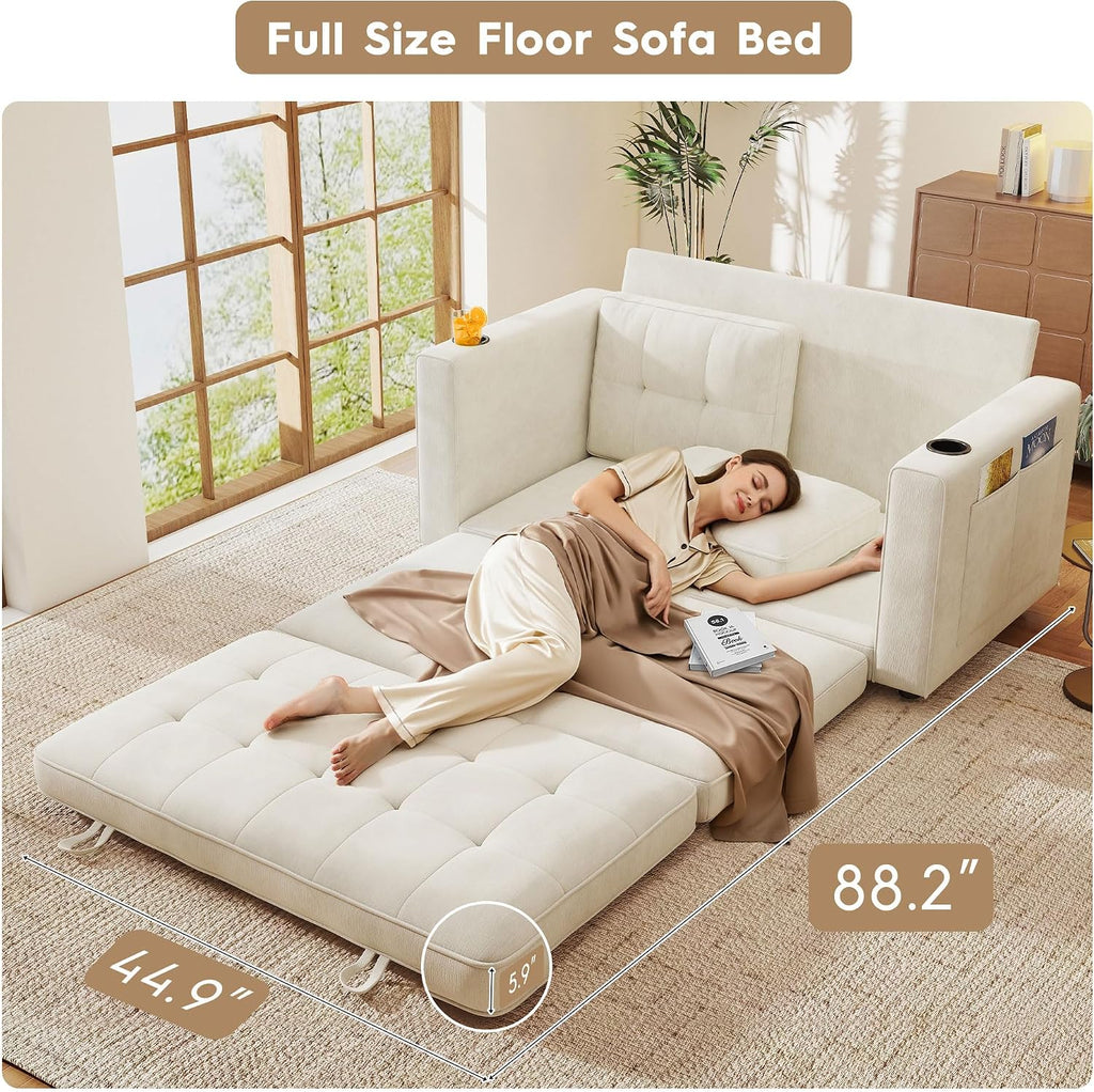 55' Convertible Folding Sofa Bed, Pull Out Couch Love Seat Sleeper Bed, Small Fold Out Loveseat sleeper with Cup Holder and Pillow for Small Space, Bedroom Lounge, Dorm, Living Room(Beige Chenille)