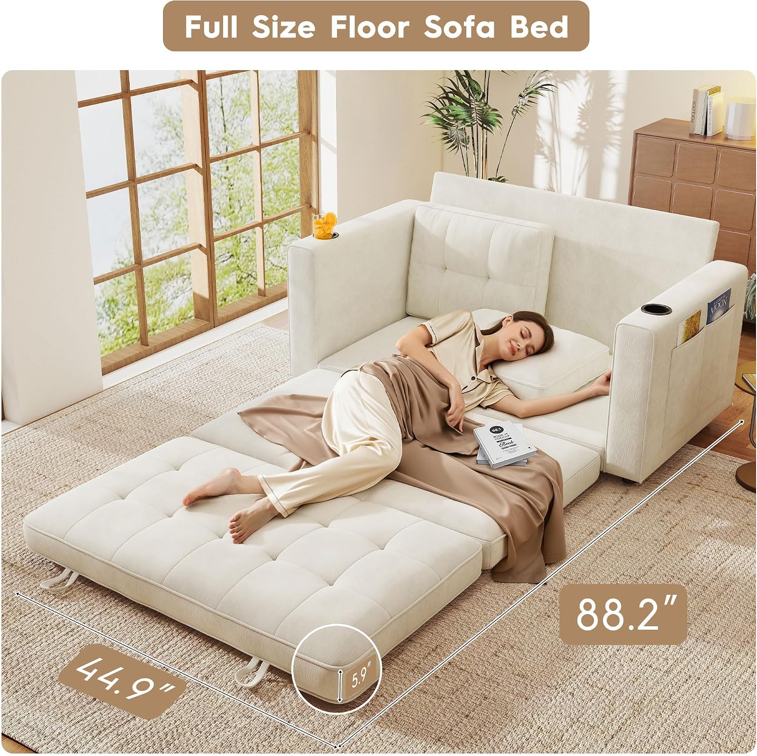 55' Convertible Folding Sofa Bed, Pull Out Couch Love Seat Sleeper Bed, Small Fold Out Loveseat sleeper with Cup Holder and Pillow for Small Space, Bedroom Lounge, Dorm, Living Room(Beige Chenille)