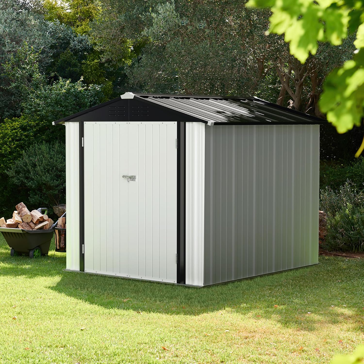 JUMMICO 8.1x6.1 FT Metal Outdoor Storage Shed,Waterproof Garden Tool Shed Storage House with Lockable Door for Backyard Patio Lawn, White
