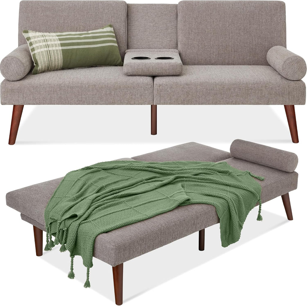 Best Choice Products Mid-Century Modern Upholstered Futon, Convertible Folding Sofa Bed, Small Couch w/Rounded Armrests, 2 Cupholders - Gray