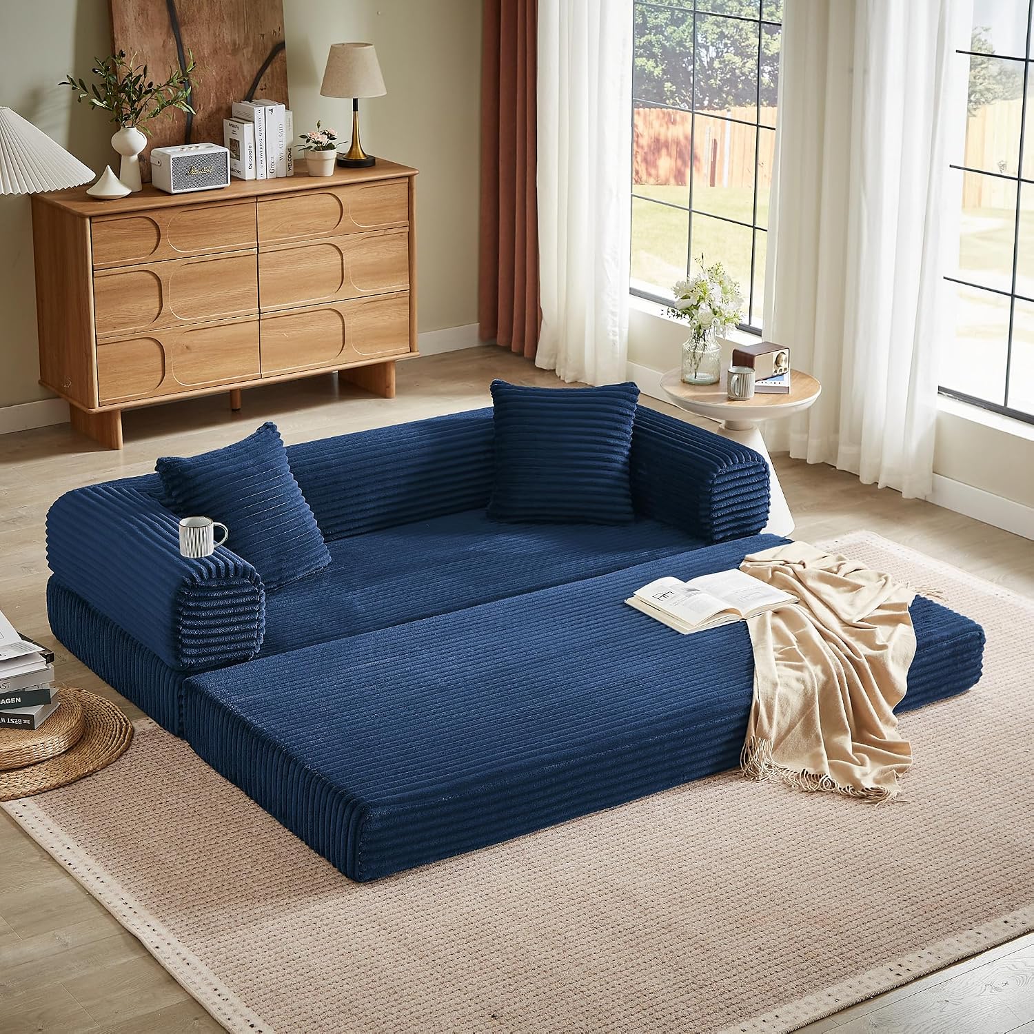 Boneless Couch Futon Sofa Bed Sectional Couches for Living Room,Cloud Couch with Sleeper Sofa,Sofas for Living Room Oversized Corduroy Upholstered (Blue, 76 Inches (No Iron Frame))