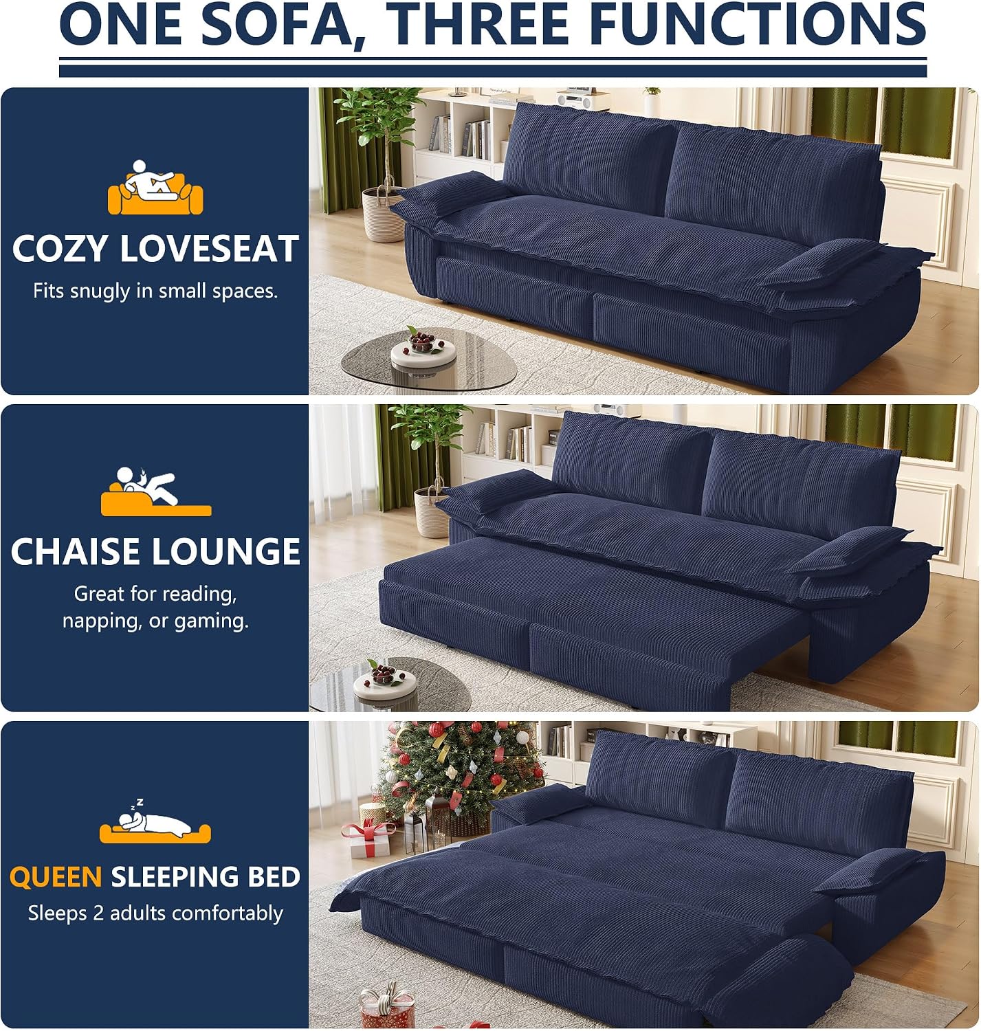 73.2' Sofa Bed Queen Size, Pull Out Couch Bed, 3-in-1 Convertible Sleeper Sofa with Cushion Armrest, Modern Corduroy Futon Couch for Living Room, Small Space, Apartment, Bedroom, Dark Blue