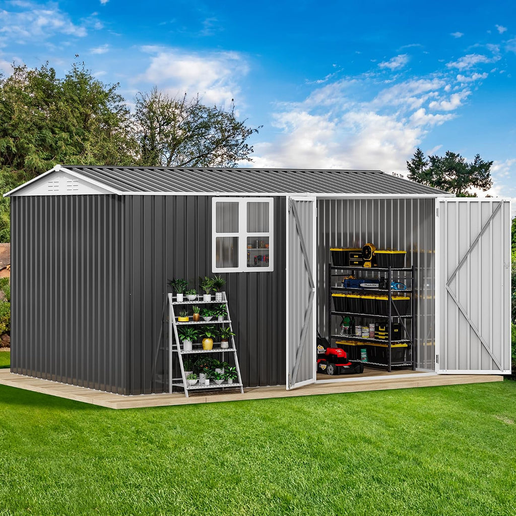 DWVO 12' x 8' Outdoor Storage Shed, Waterproof Metal Garden Shed with Windows, Lockable Doors, and Sloped Roof for Patio, Backyard, Lawn, Tool Storage, Bike Shed, Pet Shelter (Gray + White)