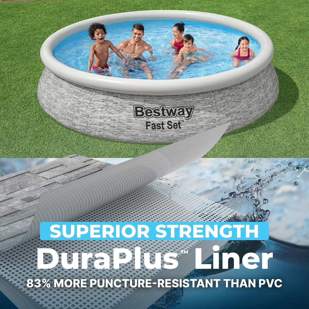 Bestway Fast Set 12' x 30' Round Inflatable Above Ground Swimming Pool Set, Stacked Stone Exterior Outdoor Family Pool with Filter Pump, Gray