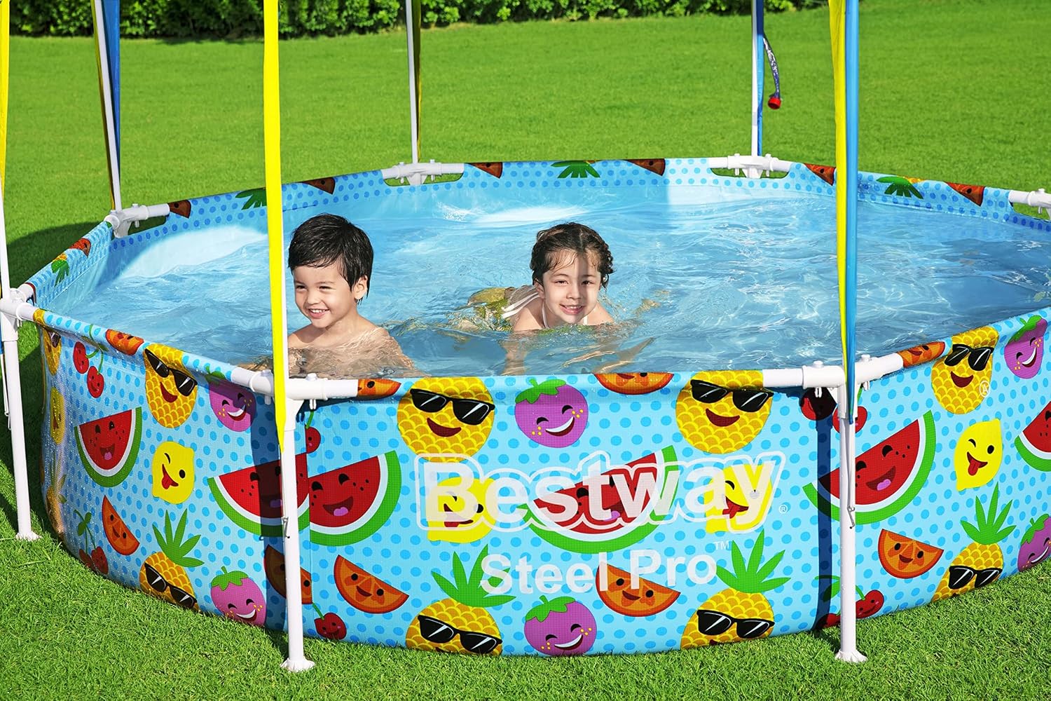 H2OGO! Kids Splash-in-Shade 8-Foot Round Steel Frame Above Ground Pool with Water Mister and Canopy Sunshade, Green Tropical Leaf Print