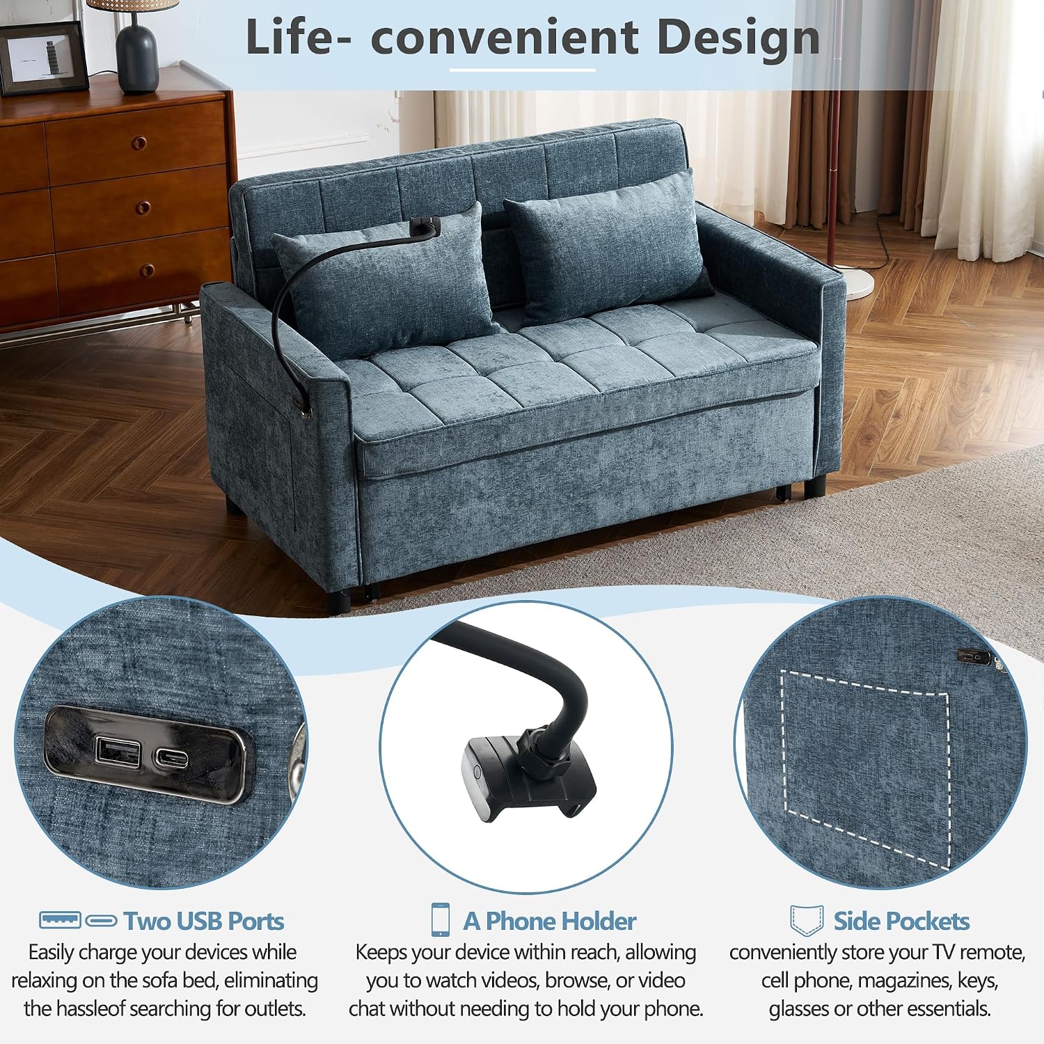 Merax Pull-Out Sleeper Sofa Bed with Reversible Backrest and Two Throw Pillows, 3 in 1 Foton Couch with USB Ports & Phone Holder, Chenille Loveseat for Living Room, Blue
