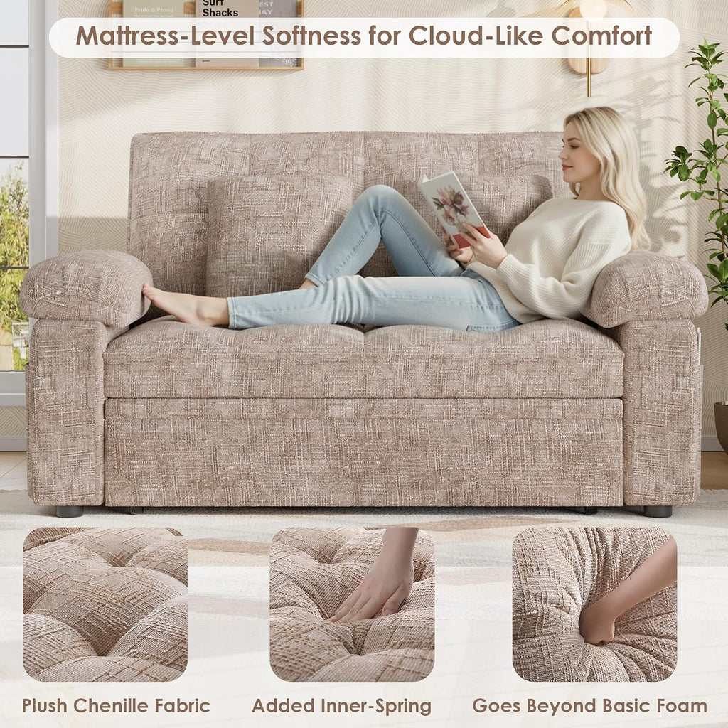 Keyluv 59' Loveseat Sleeper Sofa with USB Ports & Side Pockets, 3 in 1 Convertible Sofa Bed for Living Room/RVs/Camper, Pull Out Couch with Adjustable Backrest, Chenille Khaki