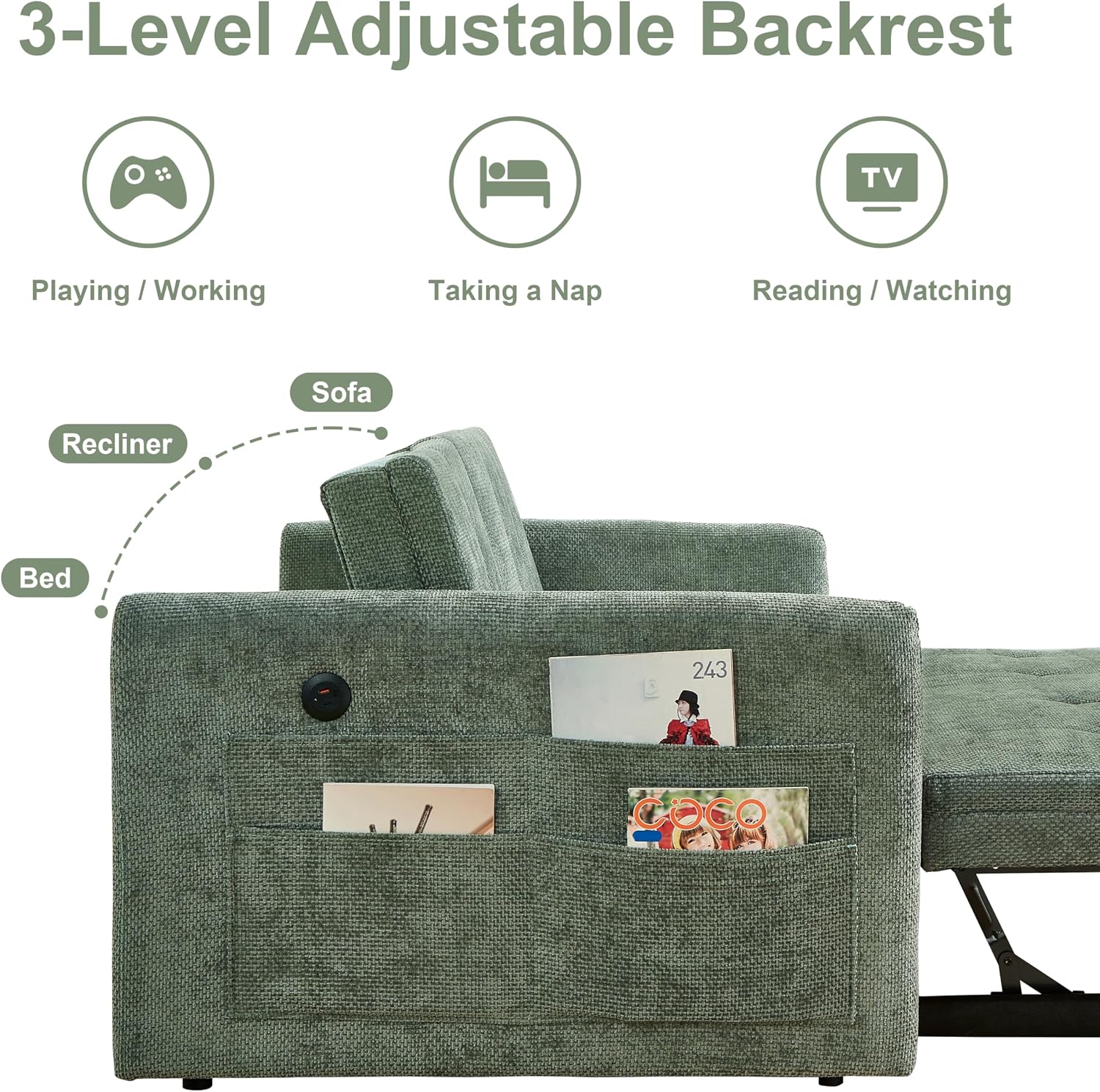 57.48' Convertible Sofa Bed with Cup Holder, Pull Out Sleeper Sofa Bed with USB Charging Ports, 3 in 1 Convertible Sleeper Sofa Bed for Living Room, Apartment, Bedroom, RV, Green