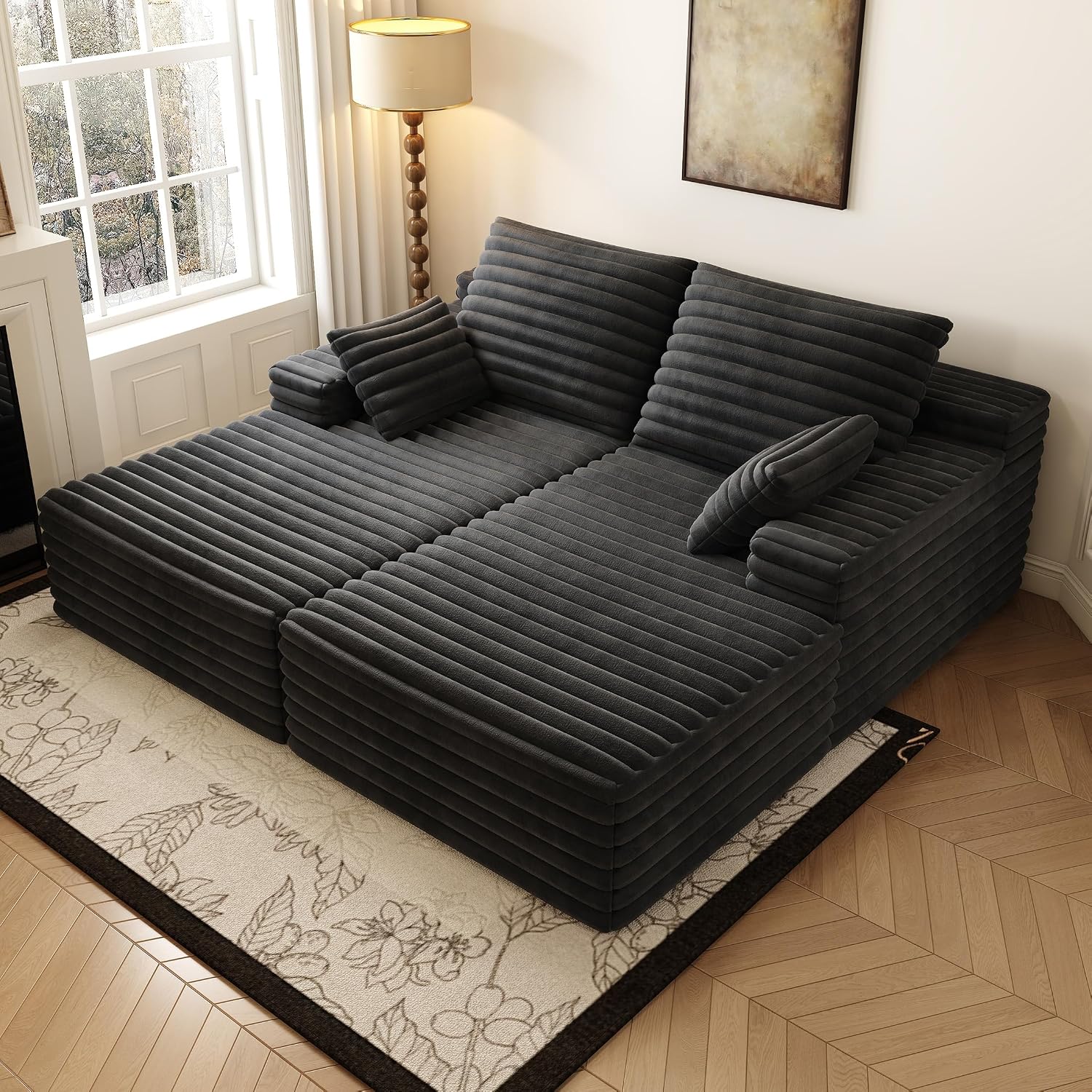 80' Oversized Double Lounge Chaise,Cloud Plush Sofa Bed,Upholstered Boneless Cloud Sofa Deep Seat,No Assembly Required,Modern Corduroy Sleeper Loveseat Chair for Living Room Bedroom Reading,Black
