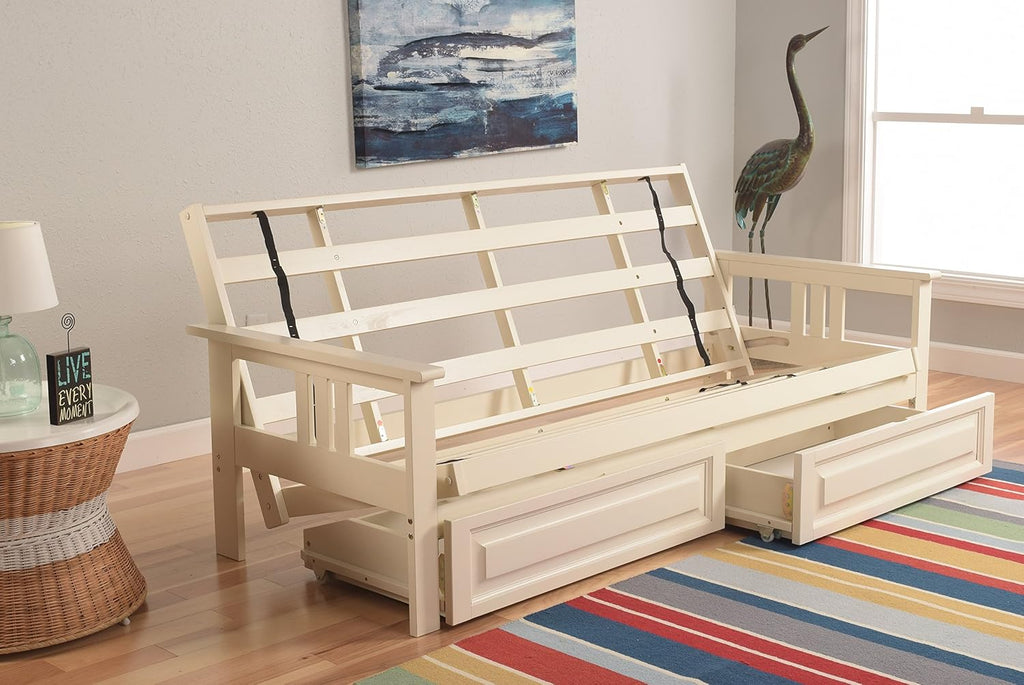 Kodiak Furniture Monterey Futon Set with Storage Drawers, with Antique White Base and Canadian Mattress