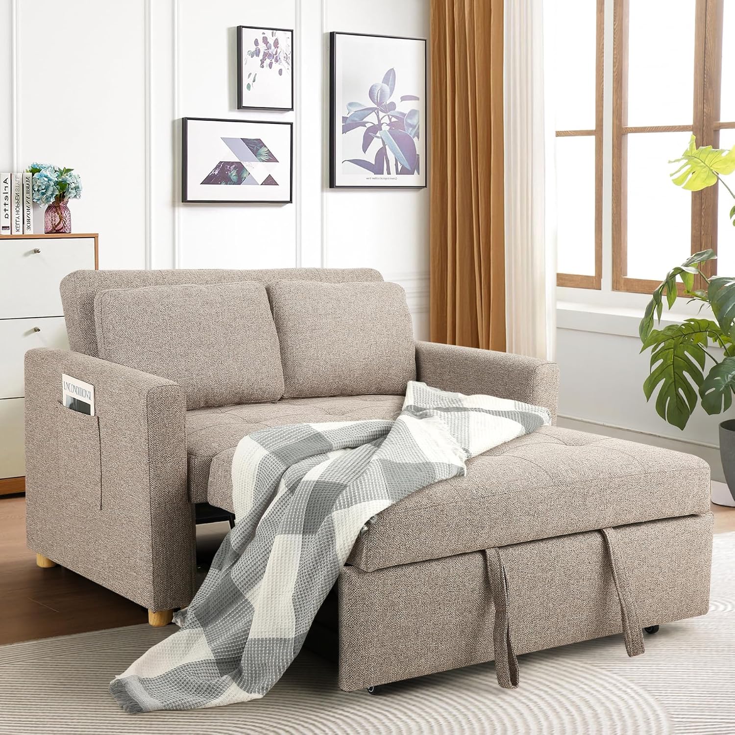 SEJOV 3-in-1 Convertible Sofa Bed, Linen Fabric Sleeper Couch Pull Out Bed, 49' 2-Seater Loveseat Futon Sofa with Spring Support, Adjustable Backrest and Pillows for Small Spaces, Living Room