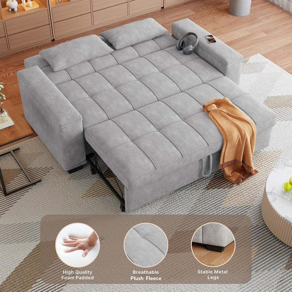 Gizoon Convertible Sofa Bed Futon, 70.9'' Sleeper Loveseat with Pull Out Couch, 3 in 1 Plush Fleece Fabric Futon Couch with Side Pockets, Storage Armrest & Adjustable Backrest for Living Room, Grey