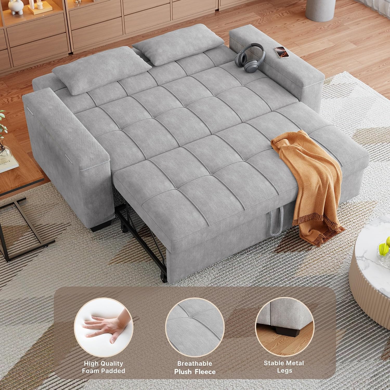 Gizoon Convertible Sofa Bed Futon, 70.9'' Sleeper Loveseat with Pull Out Couch, 3 in 1 Plush Fleece Fabric Futon Couch with Side Pockets, Storage Armrest & Adjustable Backrest for Living Room, Grey