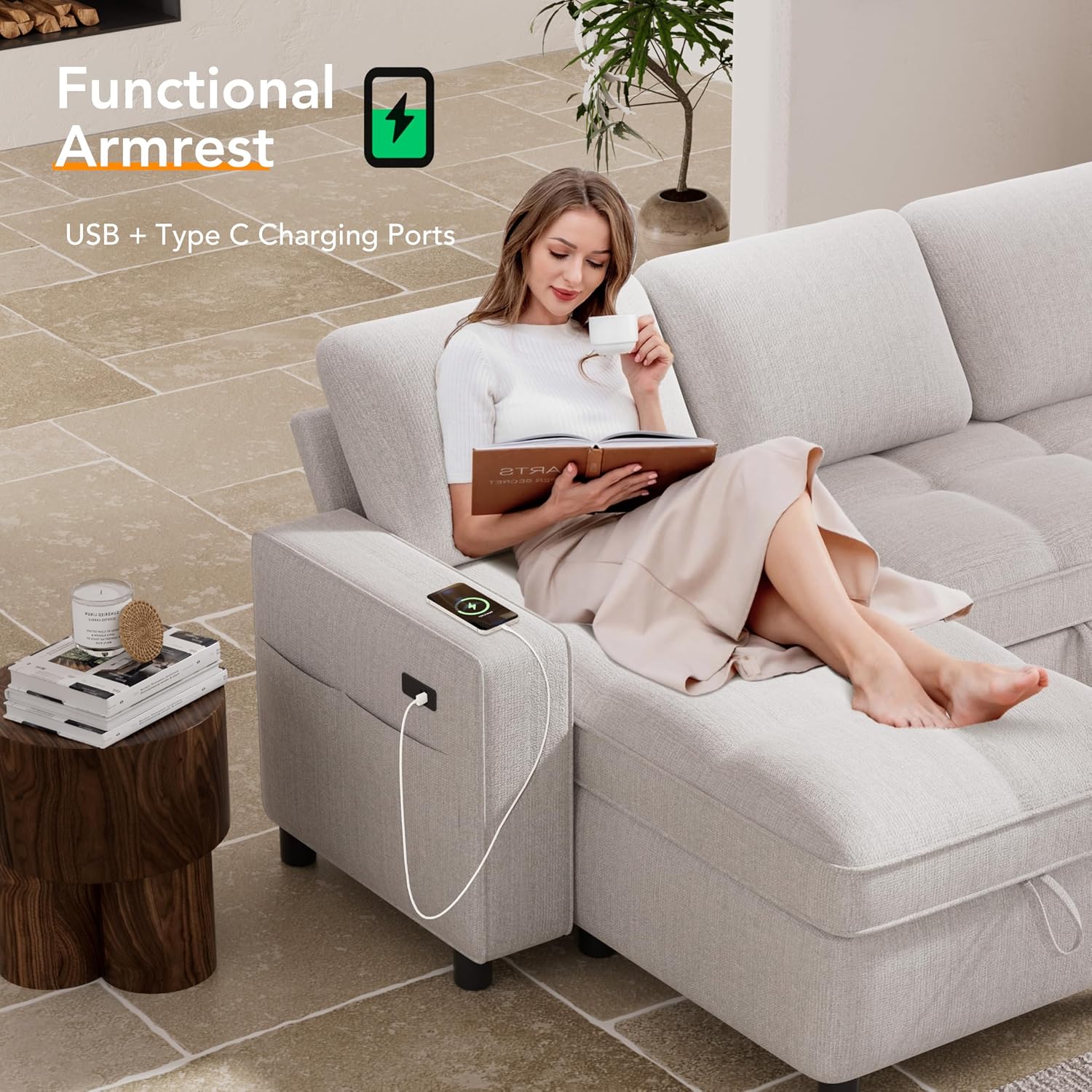 Vipbear 81' Sectional Sleeper Sofa with Pull Out Bed, L Shaped Sleeper Sofa, Pull Out Couch with Reclining Backrest, Reversible Storage Chaise, USB Ports, Tool-Free Assembly, Chenille Beige