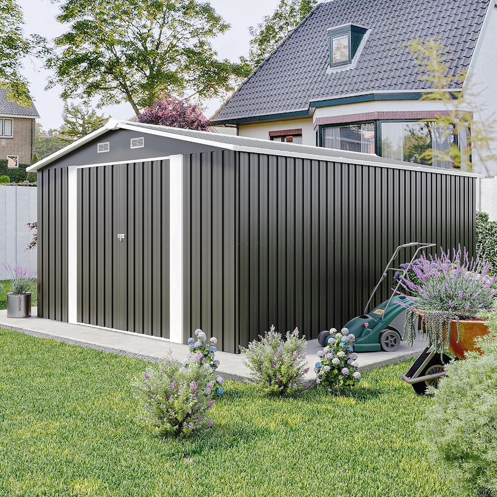 YOPTO 10x14 FT Outdoor Storage Shed, Extra Large Metal Garden Shed with Waterproof Roof, 4 Vents and 3 Lockable Doors,All-Weather Tool Shed Storage House for Backyard, Patio, Lawn,Dark Grey