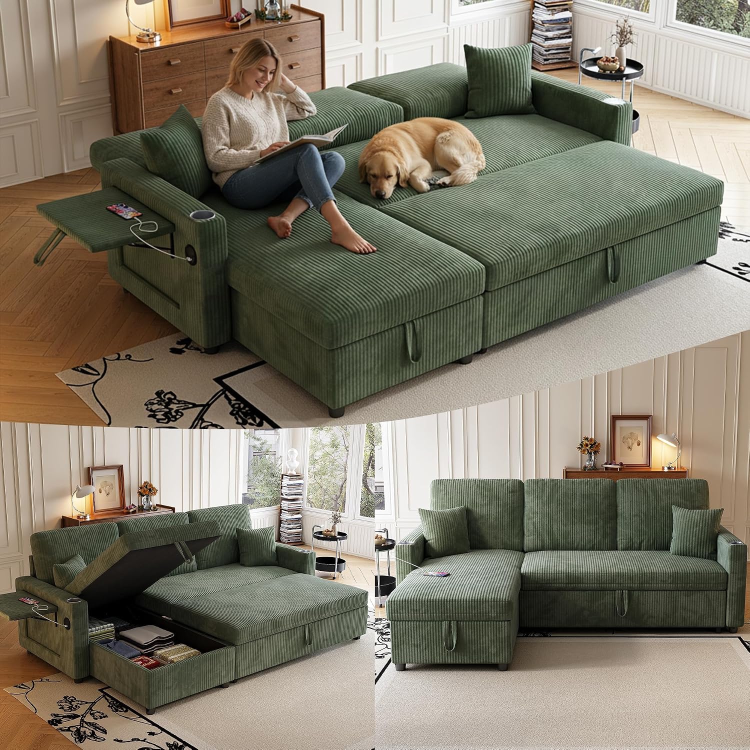 Sleeper Sectional Sofa, 83' Convertible Sofa Bed with Pull Out Couches, Small Desktop, L Shaped Couch with Reversible Chaise, Cup Holders, USB, Modern Corduroy Sofas for Living Room Apartment, Green