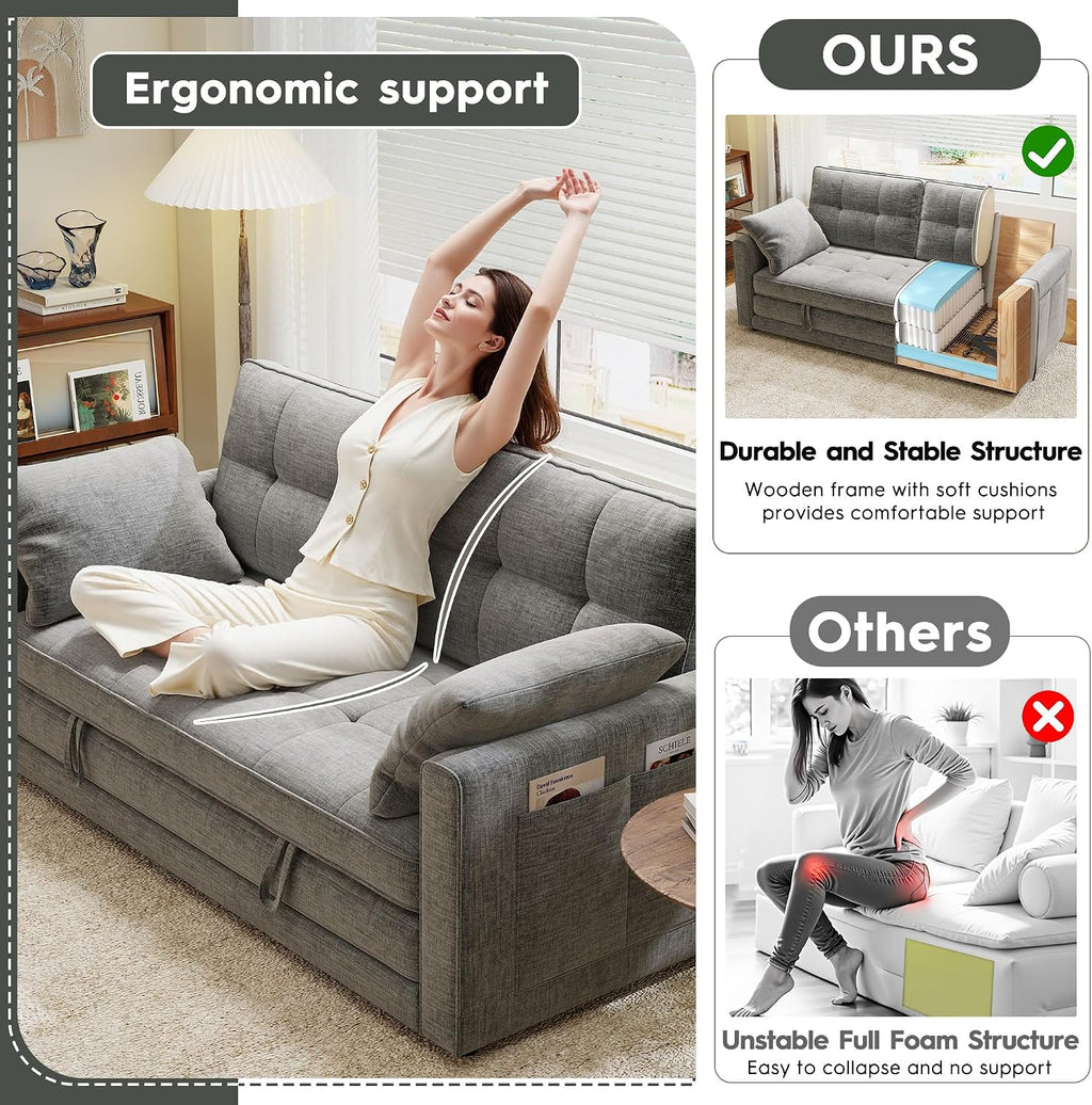Urhanherry 65' Convertible Folding Sofa Bed, Pull Out Couch Love Seat Sleeper Bed, Small Fold Out Loveseat Sleeper with Removable Arm Pillow for Small Space, Bedroom Lounge, Office, Living Room(Grey)