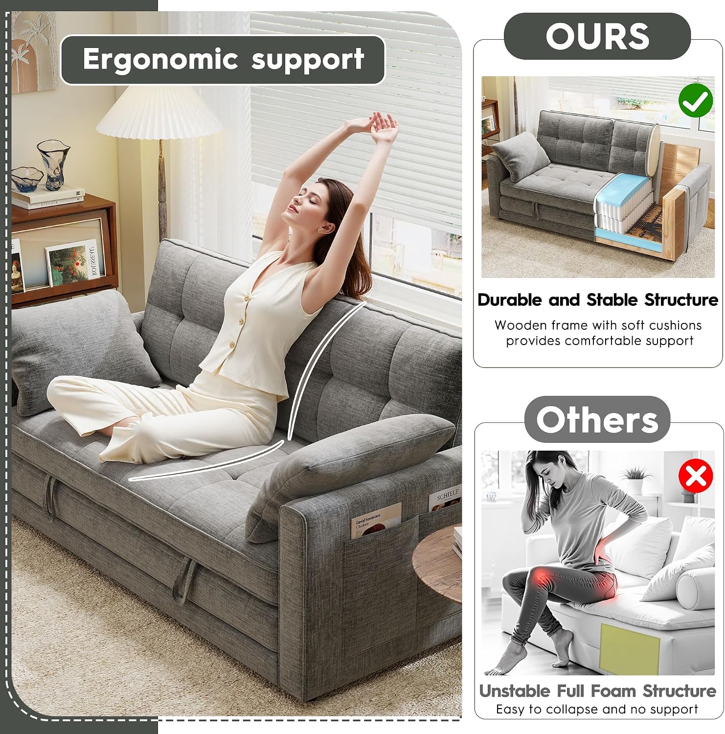 Urhanherry 65' Convertible Folding Sofa Bed, Pull Out Couch Love Seat Sleeper Bed, Small Fold Out Loveseat Sleeper with Removable Arm Pillow for Small Space, Bedroom Lounge, Office, Living Room(Grey)