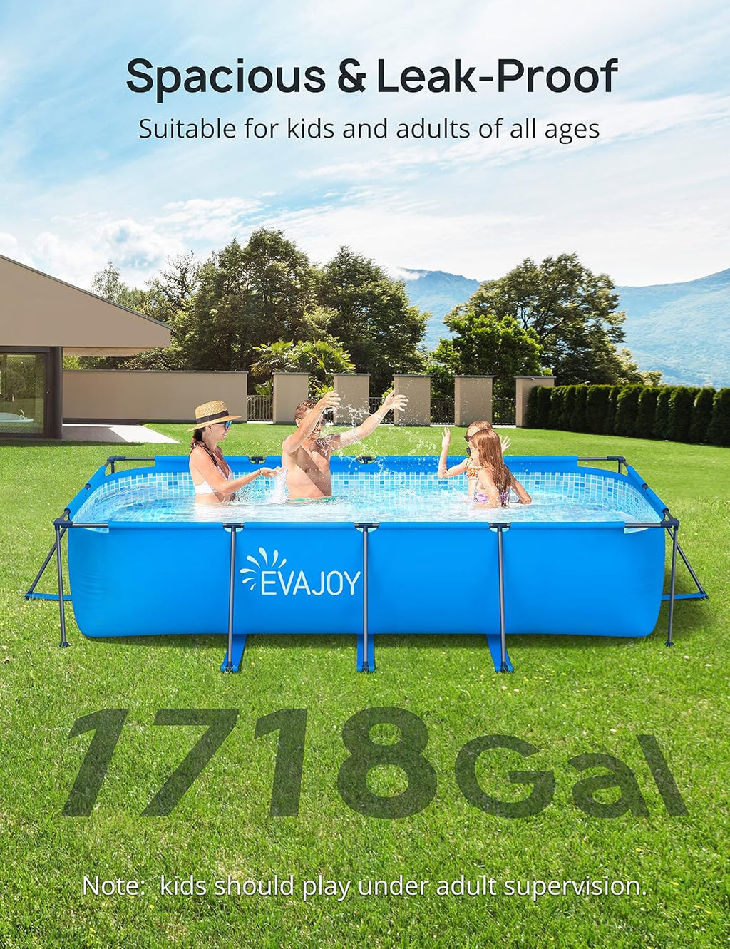 EVAJOY 14ft x 7ft x 33in Metal Frame Swimming Pool, Outdoor Rectangular Above-Ground Pool with Steel Frame, Heavy-Duty PVC, Easy Assembly for Backyard, Garden, Lawn
