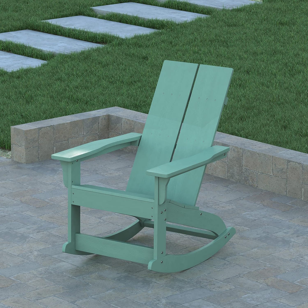 EMMA + OLIVER Harmon Adirondack Rocking Chair - Sea Foam Poly Resin - for Indoor/Outdoor Use - All Weather Materials - Easy Assembly - 350 lb. Weight Capacity