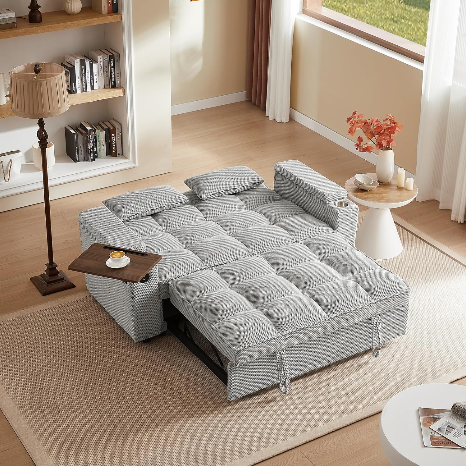 Auvsoce 65'' Convertible Sleeper Sofa Bed with Adjustable Backrest, Chaise Lounge, Side Table & USB/Type-C Ports – Stylish & Functional Addition to Any Living Room (Fashion Light Grey)