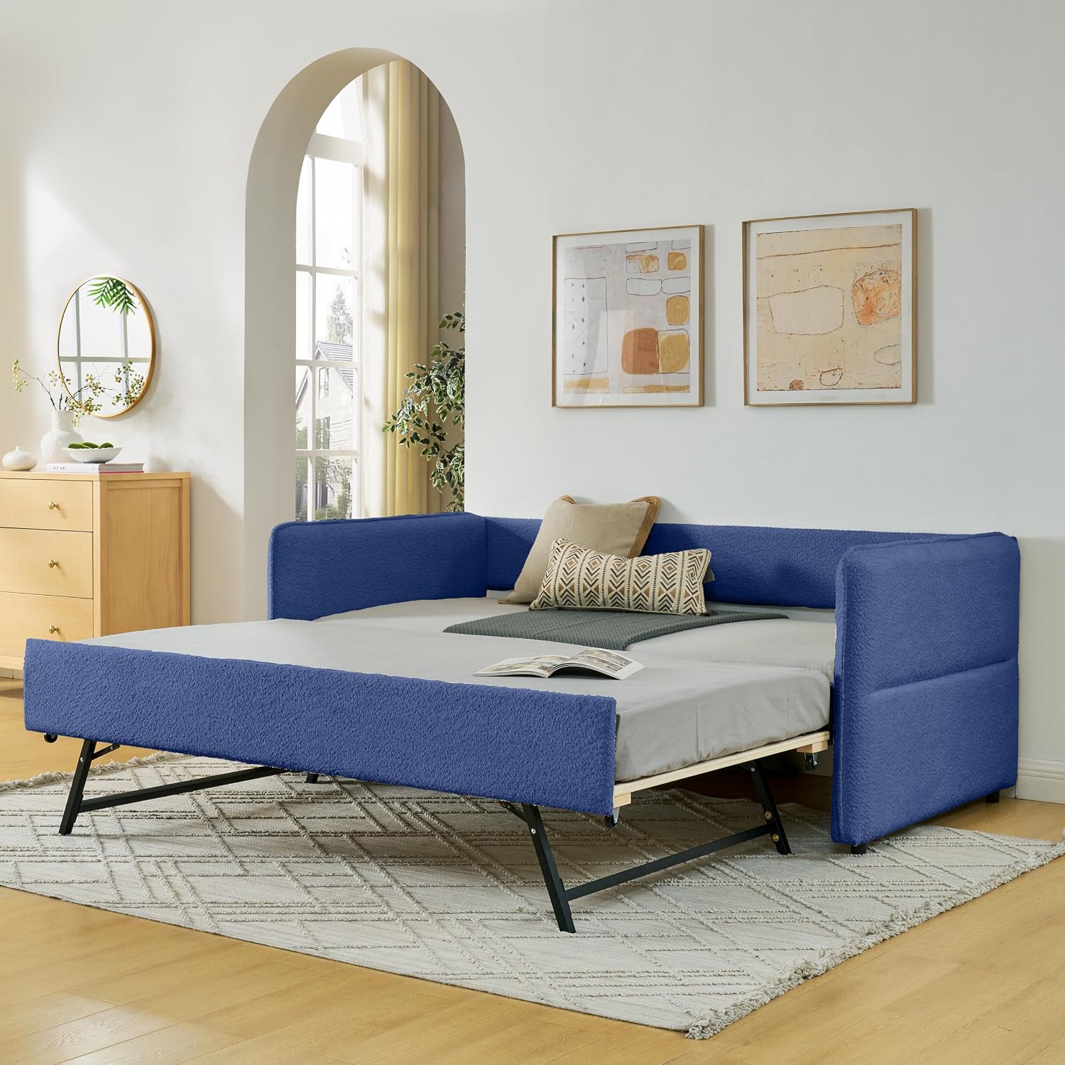KEIKI Twin Size Upholstery Tufted Daybed with Erectable Trundle, Twin to King Design Modern Extendable Boucle Sofa Bed, Easy Assembly, No Box Spring Required, for Living Room and Bedroom, Blue
