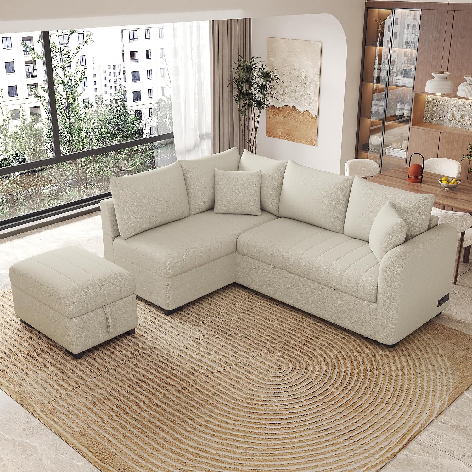 LUMISOL 82.6' Convertible Sleeper Sofa Bed with Storage Ottoman, L-Shaped Sectional Sofa with Charging Stations, Pull Out Sofa Couch with Chaise for Living Room, Apartment, Beige