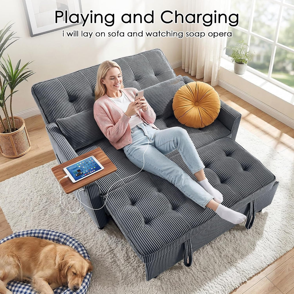 Sleeper Sofa Bed, 54'' Convertible Pull Out Couch with Small Table| USB Port | Side Pockets | Corduroy Fabric | Adjustable Backrest for Apartment, Office, Bedroom, Guest Room(Darkgray)