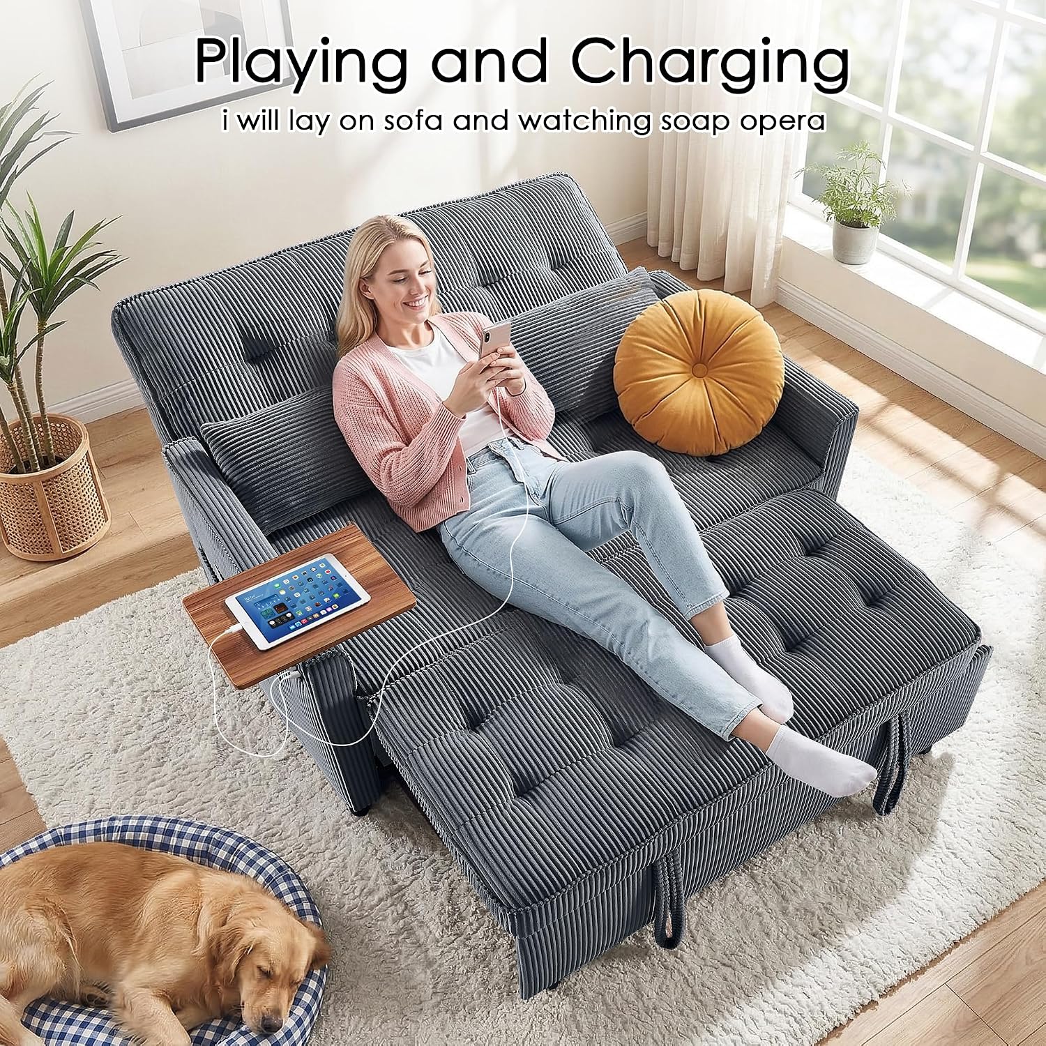 Sleeper Sofa Bed, 54'' Convertible Pull Out Couch with Small Table| USB Port | Side Pockets | Corduroy Fabric | Adjustable Backrest for Apartment, Office, Bedroom, Guest Room(Darkgray)