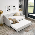 KEIKI Twin Size Upholstery Daybed with Trundle and Headboard, Mid-Century Style Tufted Sofa Bed with Button on Back, Easy Assembly, No Box Spring Required, for Living Room and Bedroom, Beige