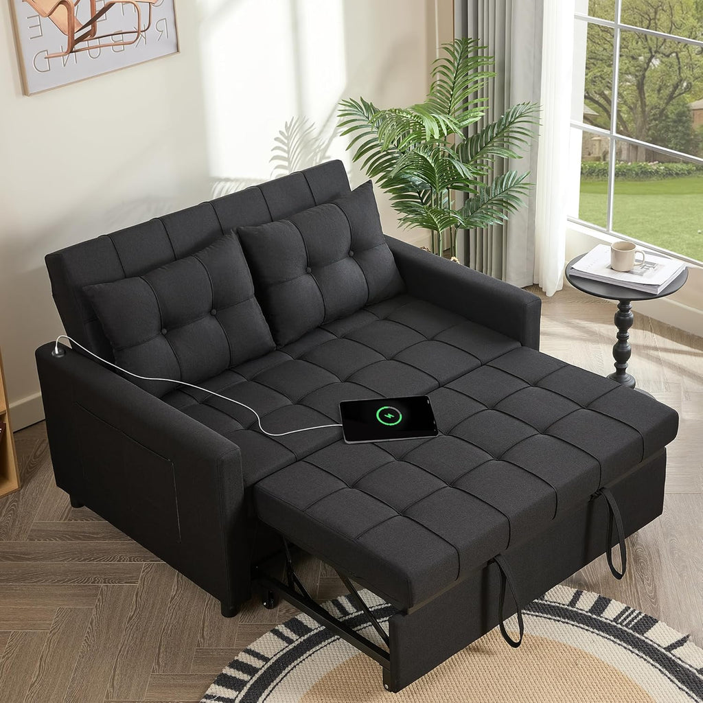 GOSUHI 52' Sleeper Sofa with Pull-Out Bed, 3-in-1 Convertible Sofa Bed, Set of Loveseat with Stepless Adjustable Backrest and Side Pocket, for Living Room Dorm Apartment, Linen, Black