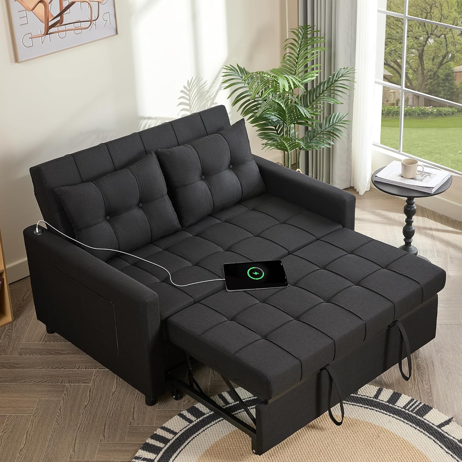 GOSUHI 52' Sleeper Sofa with Pull-Out Bed, 3-in-1 Convertible Sofa Bed, Set of Loveseat with Stepless Adjustable Backrest and Side Pocket, for Living Room Dorm Apartment, Linen, Black
