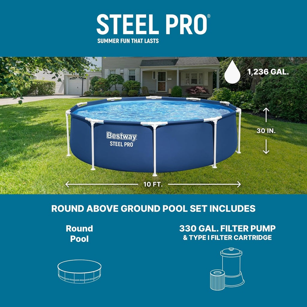 Bestway Steel Pro 12 feet x 30 inches Round Above Ground 1,710 Gallon Pool Set with DuraPlus Liner, 530 Gallon Pool Filter, and Repair Patch