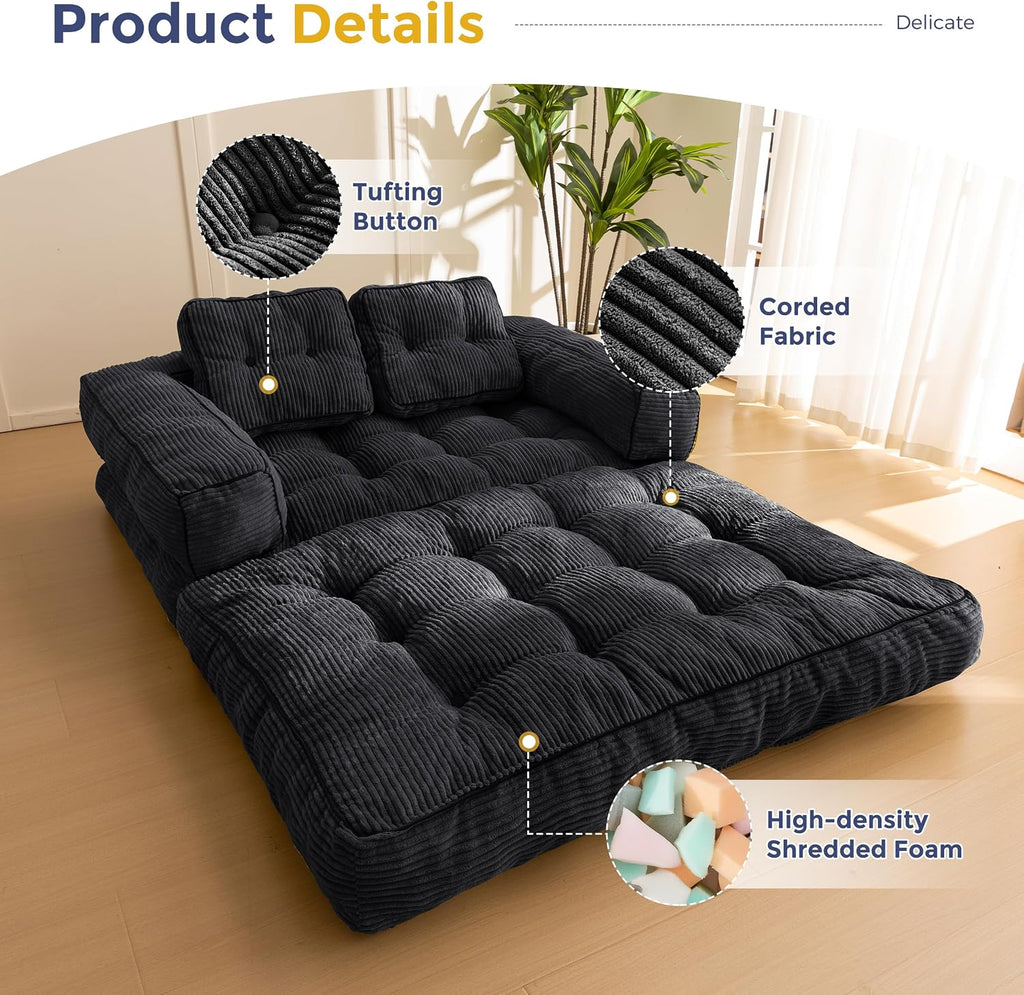 MAXYOYO Folding Sofa Bed, L-Shaped Convertible Sofa Bed with Armrest Foldable Sleeper Couch with Pillow, Portable Fold Out Chair Comfy Floor Couch Lounge for Living Room Bedroom, Black, Double