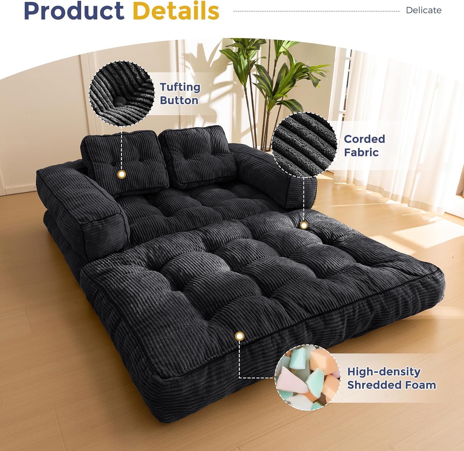 MAXYOYO Folding Sofa Bed, L-Shaped Convertible Sofa Bed with Armrest Foldable Sleeper Couch with Pillow, Portable Fold Out Chair Comfy Floor Couch Lounge for Living Room Bedroom, Black, Double