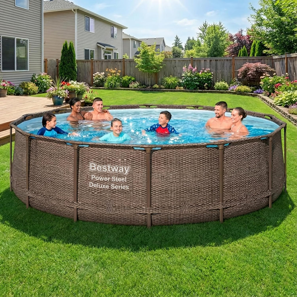 Bestway Power Steel 14' x 42' Round Above Ground Outdoor Backyard Swimming Pool Set with 1,000 GPH Filter Pump, Ladder, and Pool Cover