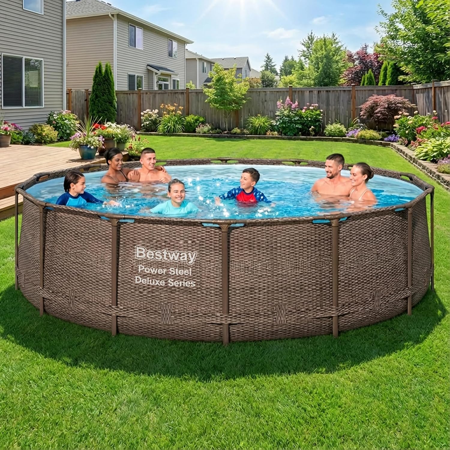 Bestway Power Steel 14' x 42' Round Above Ground Outdoor Backyard Swimming Pool Set with 1,000 GPH Filter Pump, Ladder, and Pool Cover