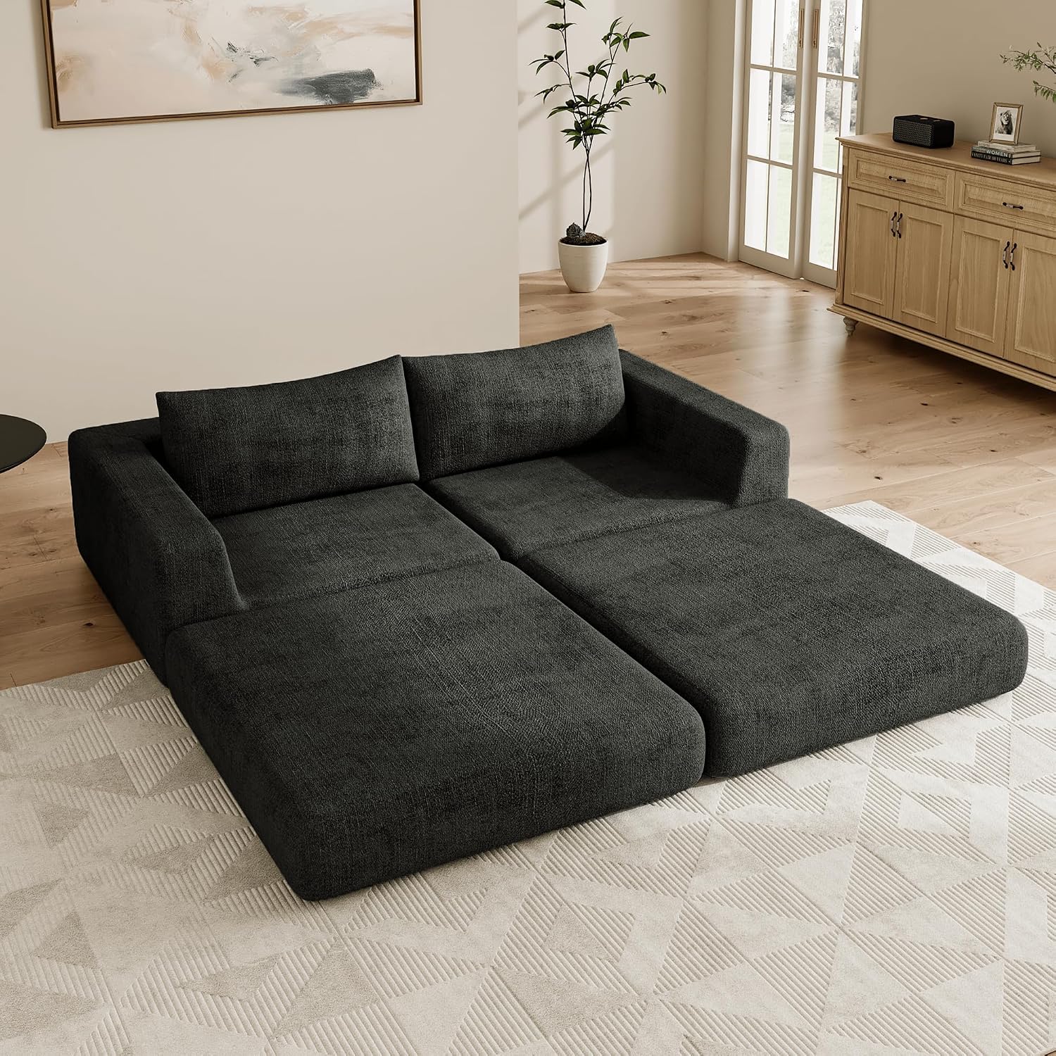 Chenille Convertible Futon Sofa Bed – Folding Iron Frame Sleeper Couch with Adjustable Backrest, Loveseat Recliner for Living Room, Apartment,(Dark Gray)