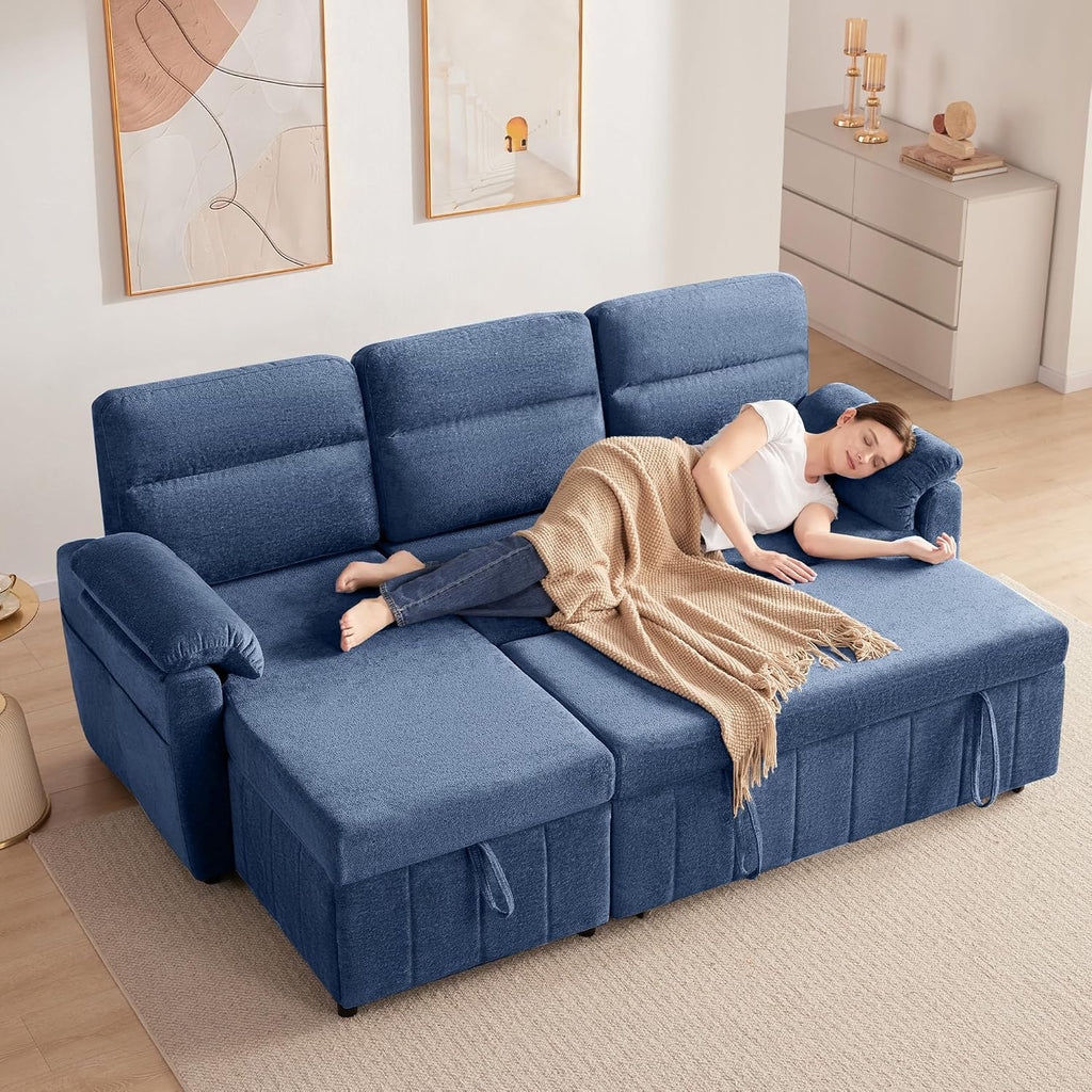 Tbfit 84'' Sleeper Sofa Bed, 3 in 1 Cloud Pull Out Sofa Couch with USB & Storage Chaise, Chenille Convertible Sofa Bed with Pull Out Bed, Couches for Living Room, Apartment, Office, Blue