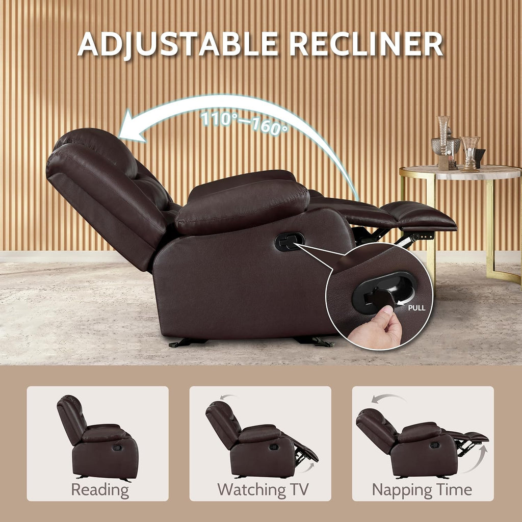 PrimeZone Oversized Rocker Recliner Chair - Comfy Wide Lazy Boy Recliner Chair with Overstuffed Armrest, Faux Leather Manual Reclining Chairs for Living Room, Bedroom, Home Theater Seating, Brown
