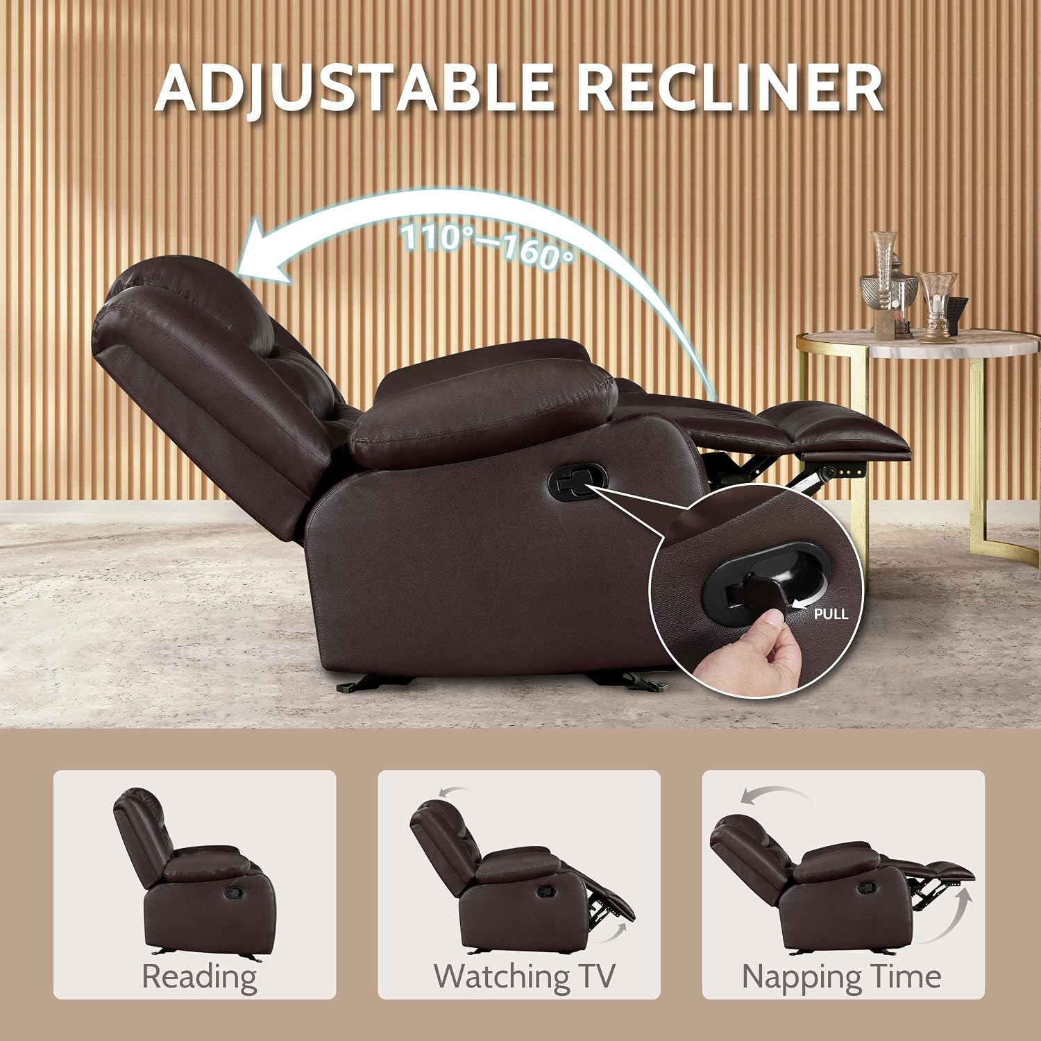 PrimeZone Oversized Rocker Recliner Chair - Comfy Wide Lazy Boy Recliner Chair with Overstuffed Armrest, Faux Leather Manual Reclining Chairs for Living Room, Bedroom, Home Theater Seating, Brown