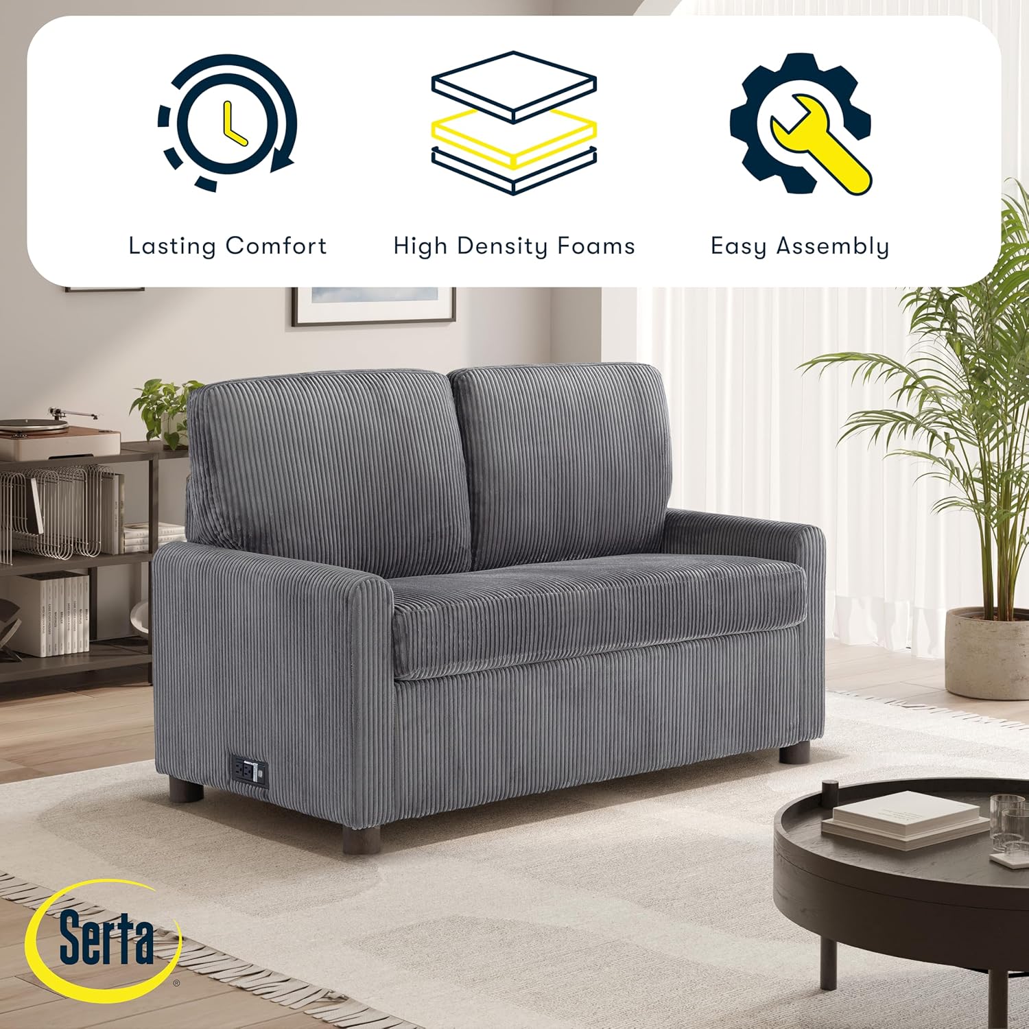 Serta® Darnold 53.5' Pull-Out Sleeper Loveseat, Twin Size, Dreamcoil® Comfort, Memory Foam Pull-Out Mattress, USB-C and USB-A Power Ports, Soft Corduroy Fabric, Grey