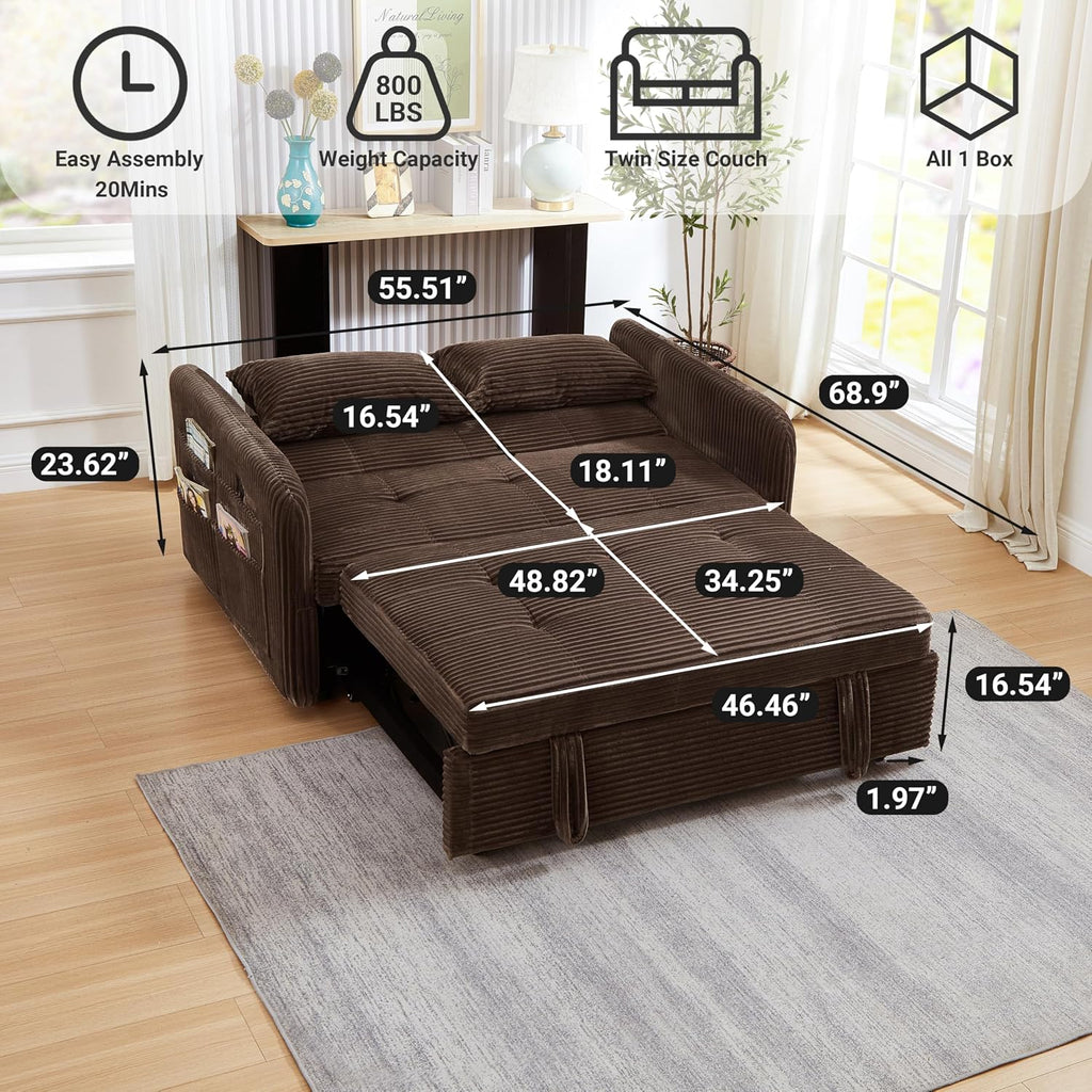 55.5' Corduroy Convertible Sofa Bed, Pull Out Sleeper Sofa Bed, Loveseat Couch with USB Charging Ports, 3 in 1 Convertible Sleeper Sofa Bed for Living Room, Apartment, Bedroom, RV, Beige