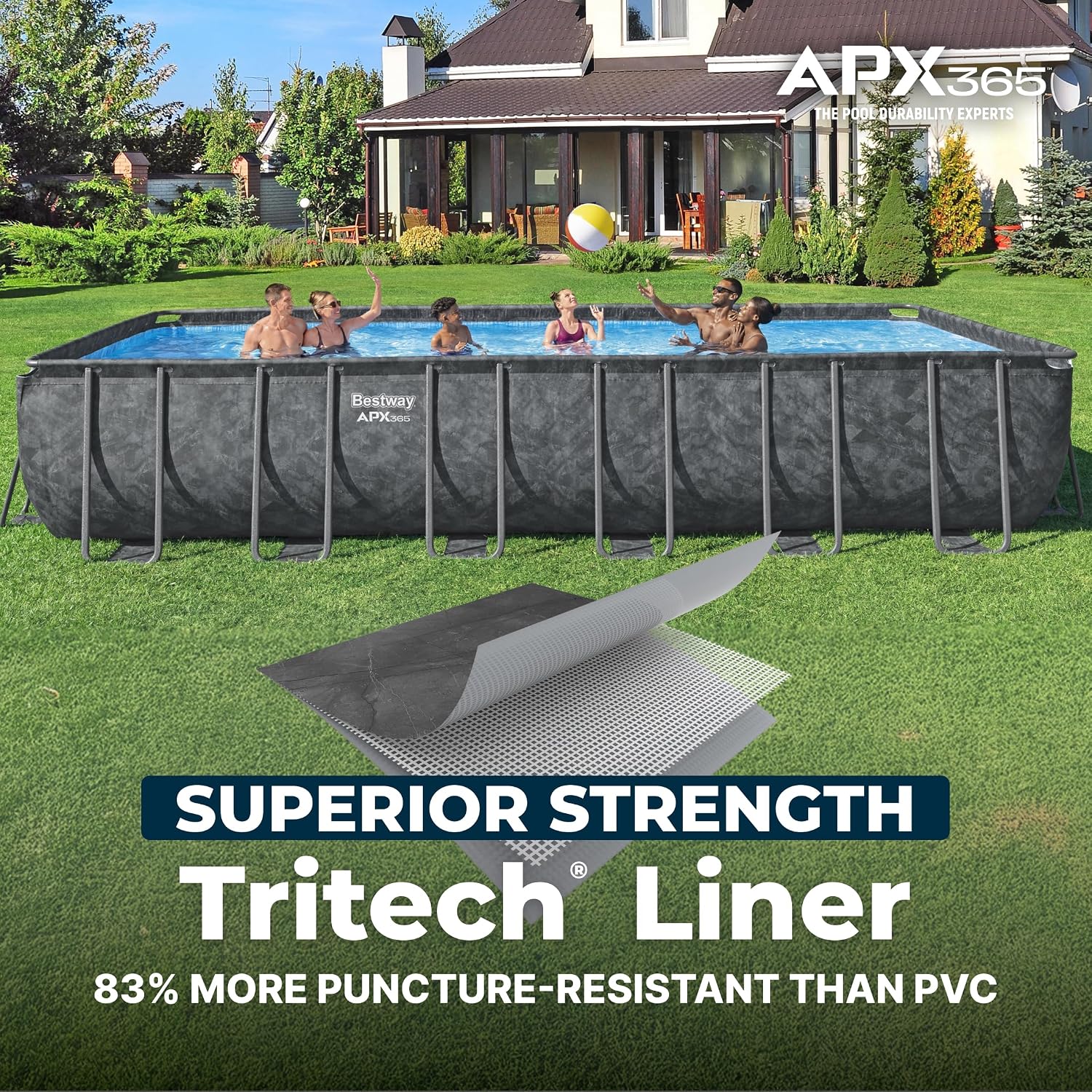 Bestway APX 365 24' x 12' x 52' Above Ground Pool, Rectangular Metal Frame Outdoor Swimming Pool Set with Sand Filter Pump, Ladder, and Cover, Dark Marble