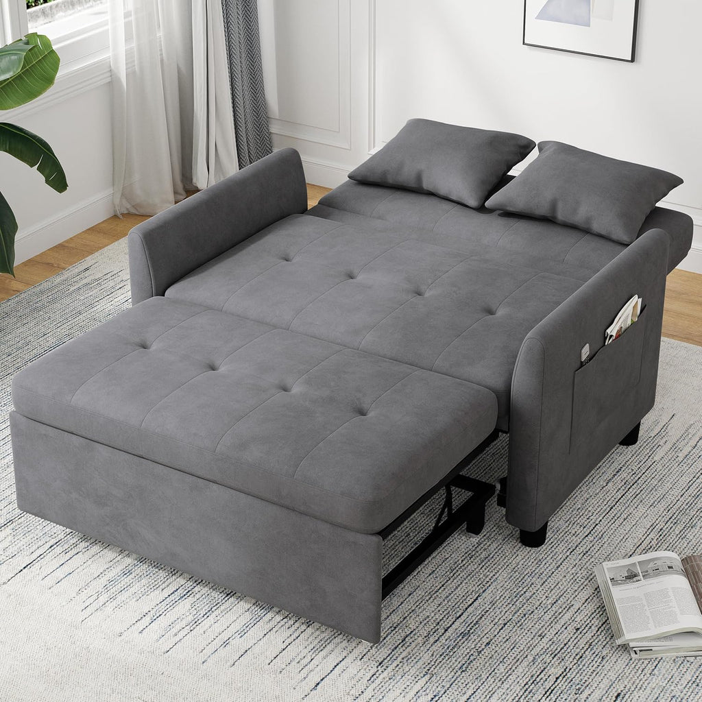 Sleeper Sofa Bed, 3 in 1 Convertible Sleeper Couch Bed Pull Out, Small Loveseat Sofa, Futon Sofa Bed, 46' Velvet Love Seat with Pillow and Phone Holder for Living Room, Grey