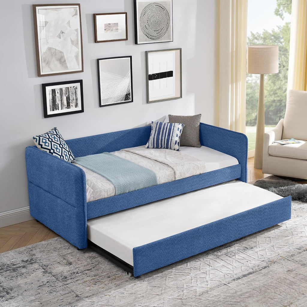 KEIKI Twin Size Upholstery Tufted Daybed with Erectable Trundle, Twin to King Design Modern Extendable Boucle Sofa Bed, Easy Assembly, No Box Spring Required, for Living Room and Bedroom, Blue