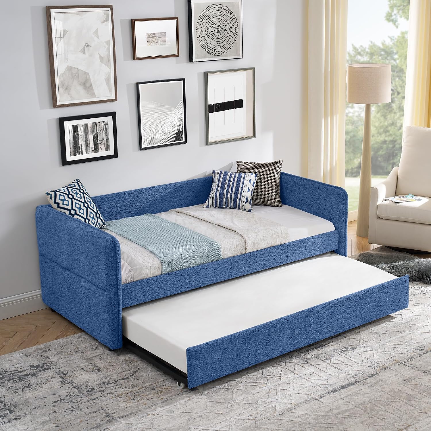 KEIKI Twin Size Upholstery Tufted Daybed with Erectable Trundle, Twin to King Design Modern Extendable Boucle Sofa Bed, Easy Assembly, No Box Spring Required, for Living Room and Bedroom, Blue