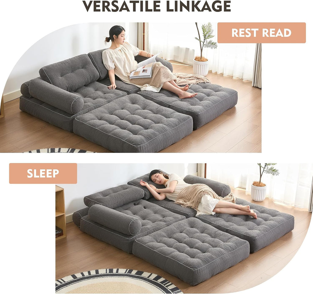 Afuson Plus Futon Sofa Bed for Small Spaces, Floor Couch with Armrest, Folding Sofa Couch, Convertible Sleeper Chair Bed with Pillow, Portable Comfy Floor Lounge for Living Room and Bedroom, Grey