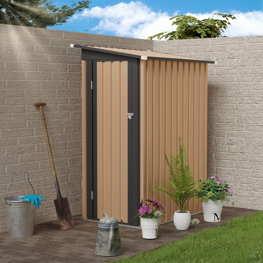 KEIKI 5x3 FT Metal Storage Shed with Pent Roof & Side Hinge Door, Small Outdoor Storage Shed for Garden Tools, Backyard Metal Shed for Patio or Tiny House Use, Brown