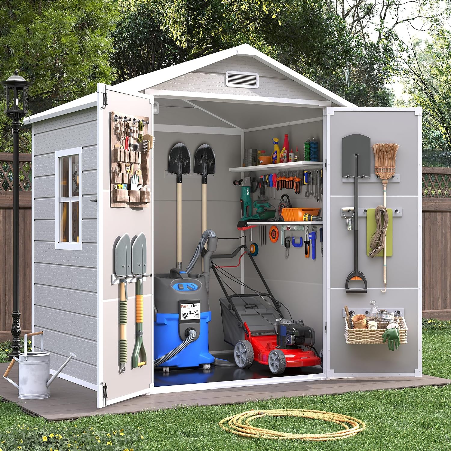 Resin Outdoor Storage Shed with Floor, 6x4.5 FT Plastic Garden Shed, Lockable Door & Window, Waterproof Tool Shed for Bike, Garbage Can, Lawn Mower, Patio Furniture Bedge